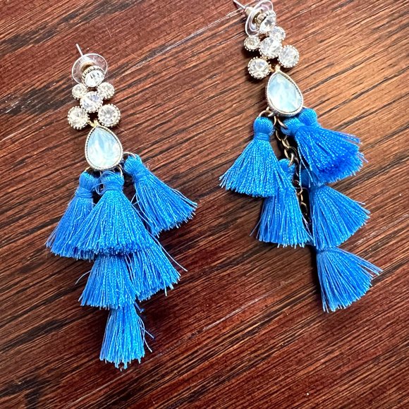 Gorgeous Vibrant Multi Tiered Drop Blue Tassel Earrings with Crystal Rhinestone - Picture 3 of 9